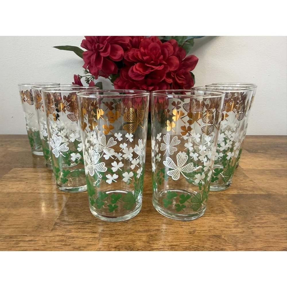 Vintage Elcyda Canada Shamrock Clover Tumblers Set Original Box‎ MCM Barware